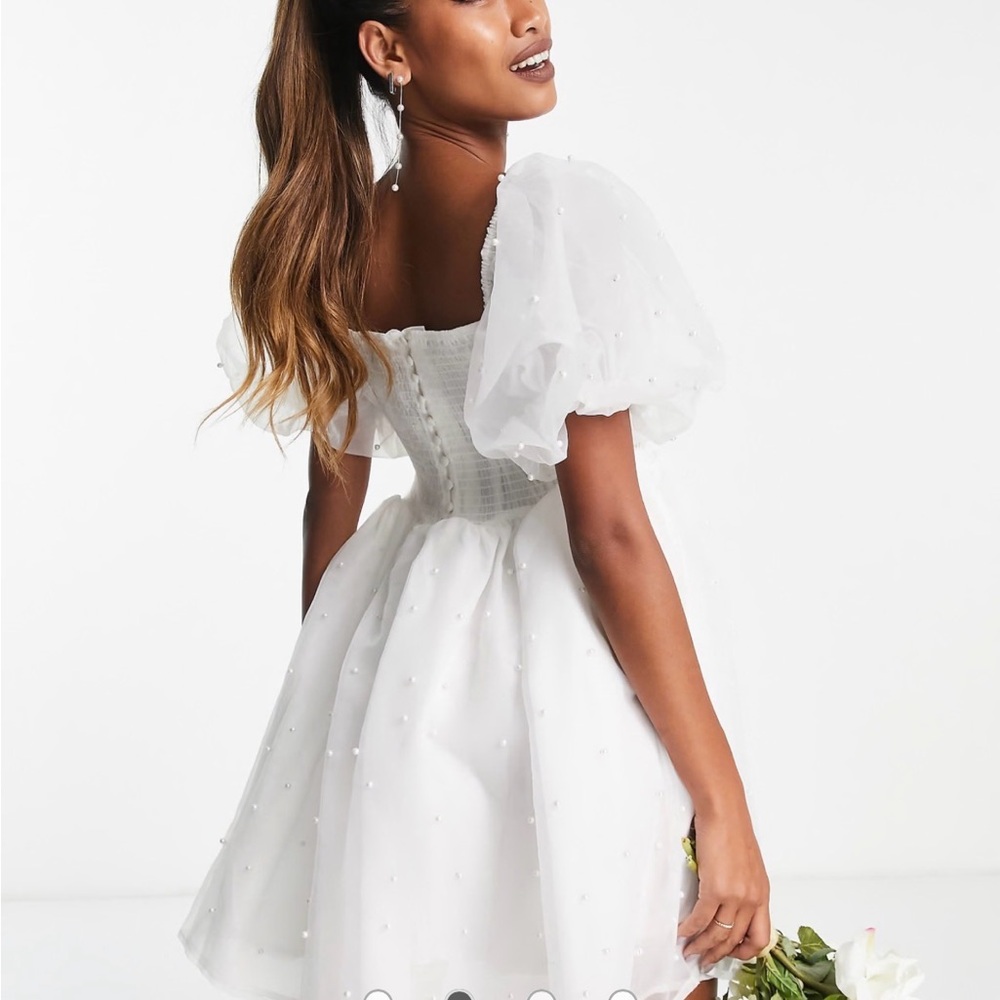 Sister Jane White Puff Sleeve Pearl Mini Dress